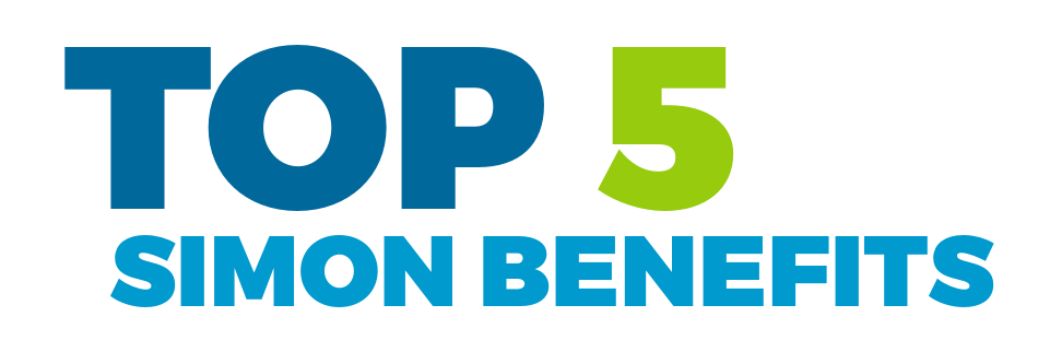 The word TOP and the number five in large type in blue and green with a white outline, next to the words simon beneftis in white block type
